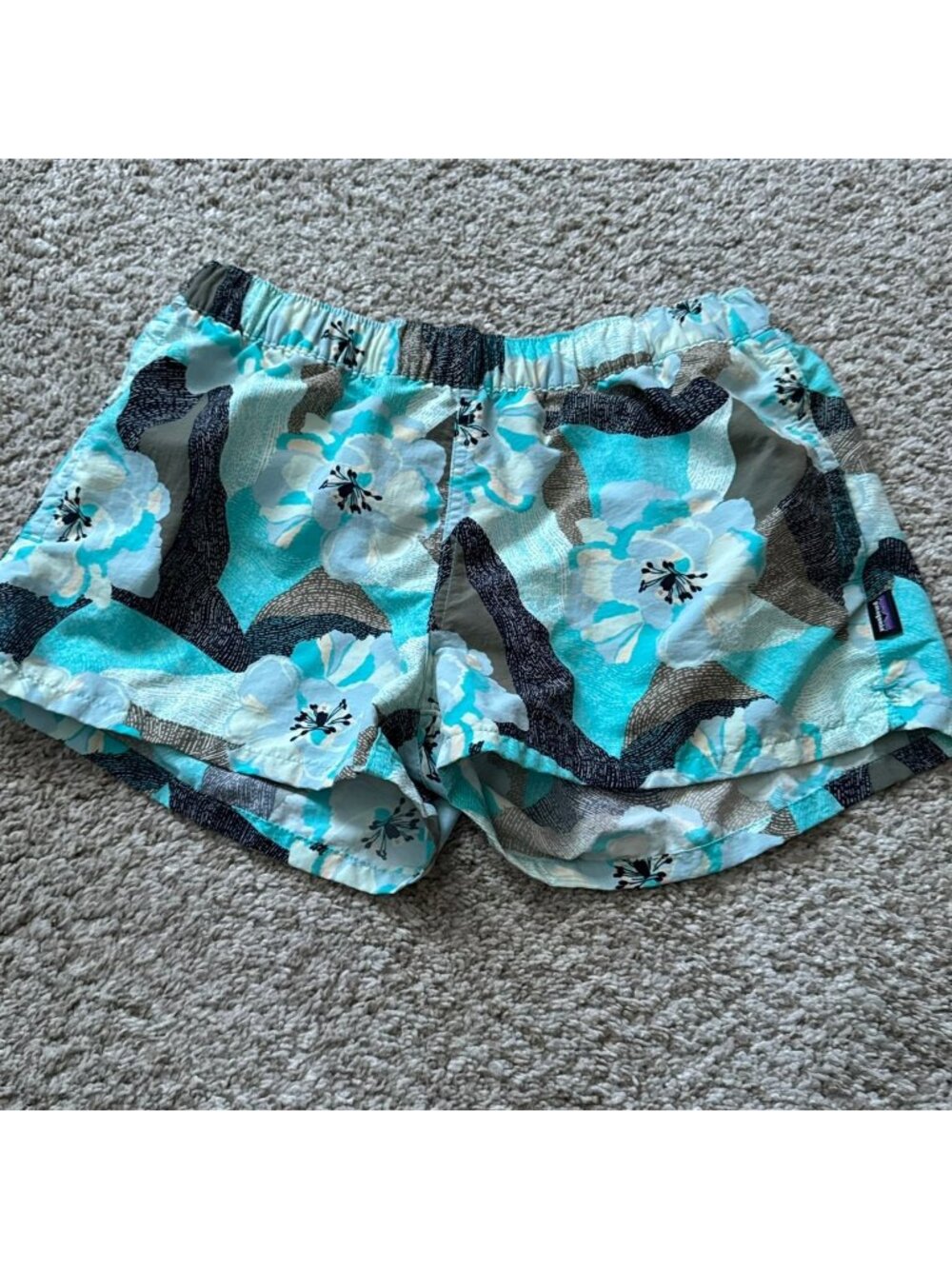 Patagonia Shorts Women's M Blue Teal Floral Nylon Baggies Elastic Waist Pockets